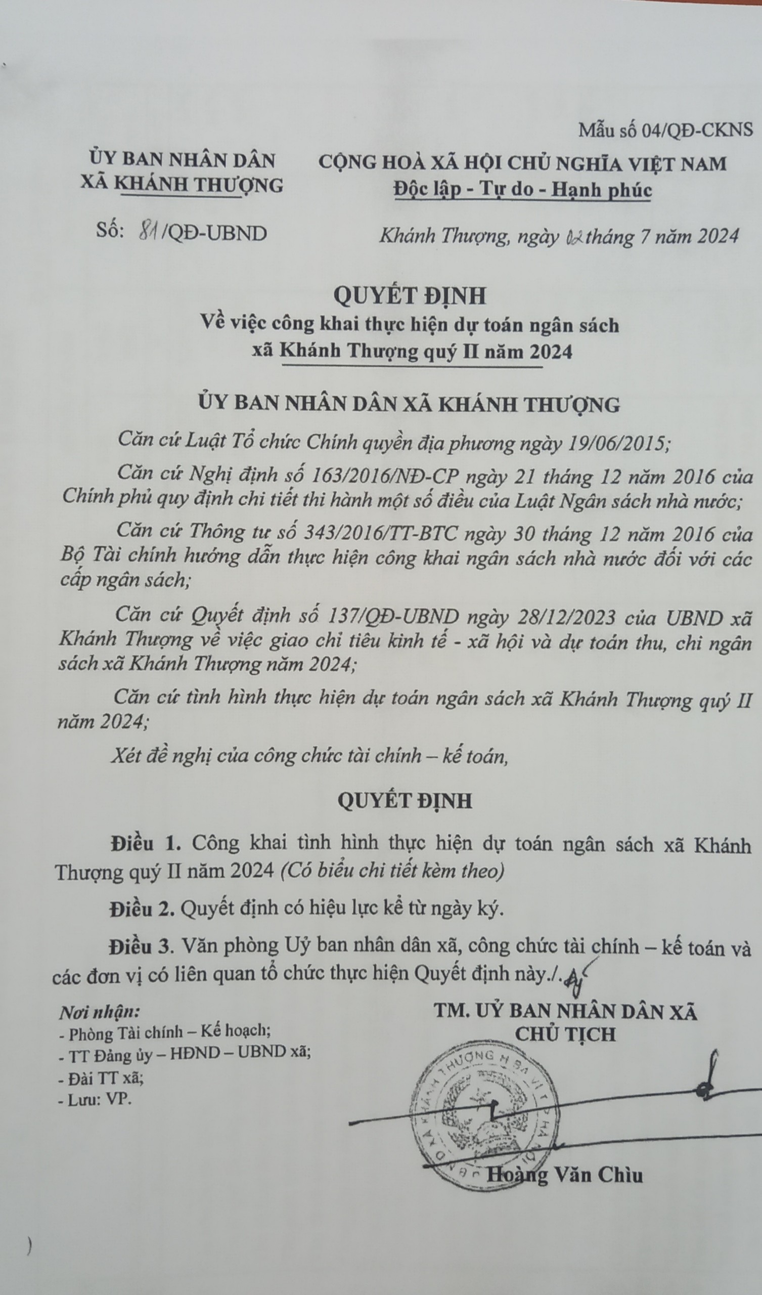 Công khai thực hiện dự toán ngân sách xã Khánh Thượng Quý II năm 2024