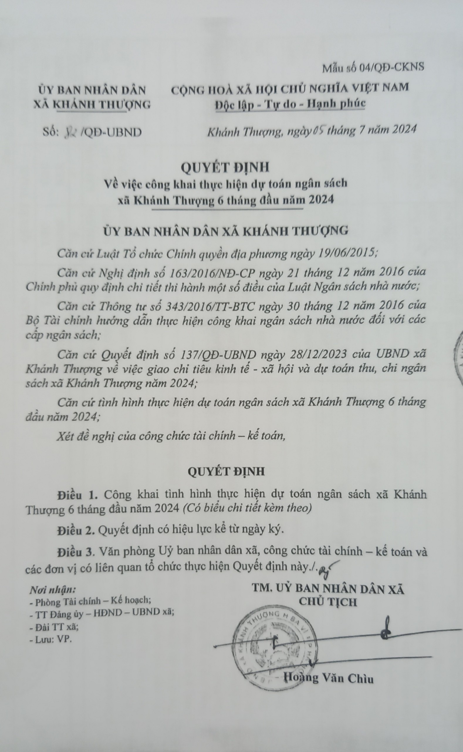 Công khai thực hiện dự toán ngân sách xã Khánh Thượng 6 tháng đầu năm 2024