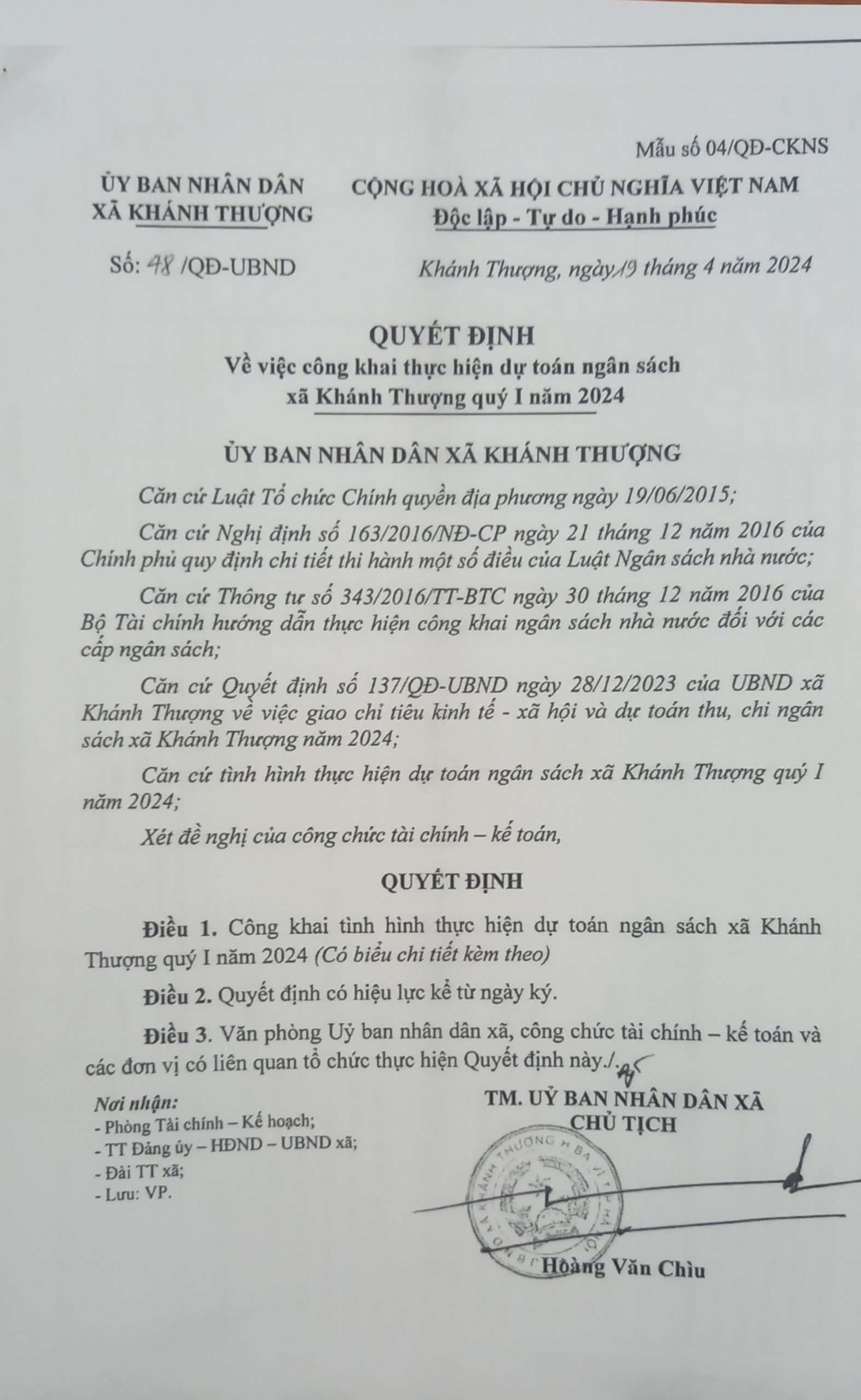 Công khai thực hiện dự toán ngân sách xã Khánh Thượng Quý I năm 2024