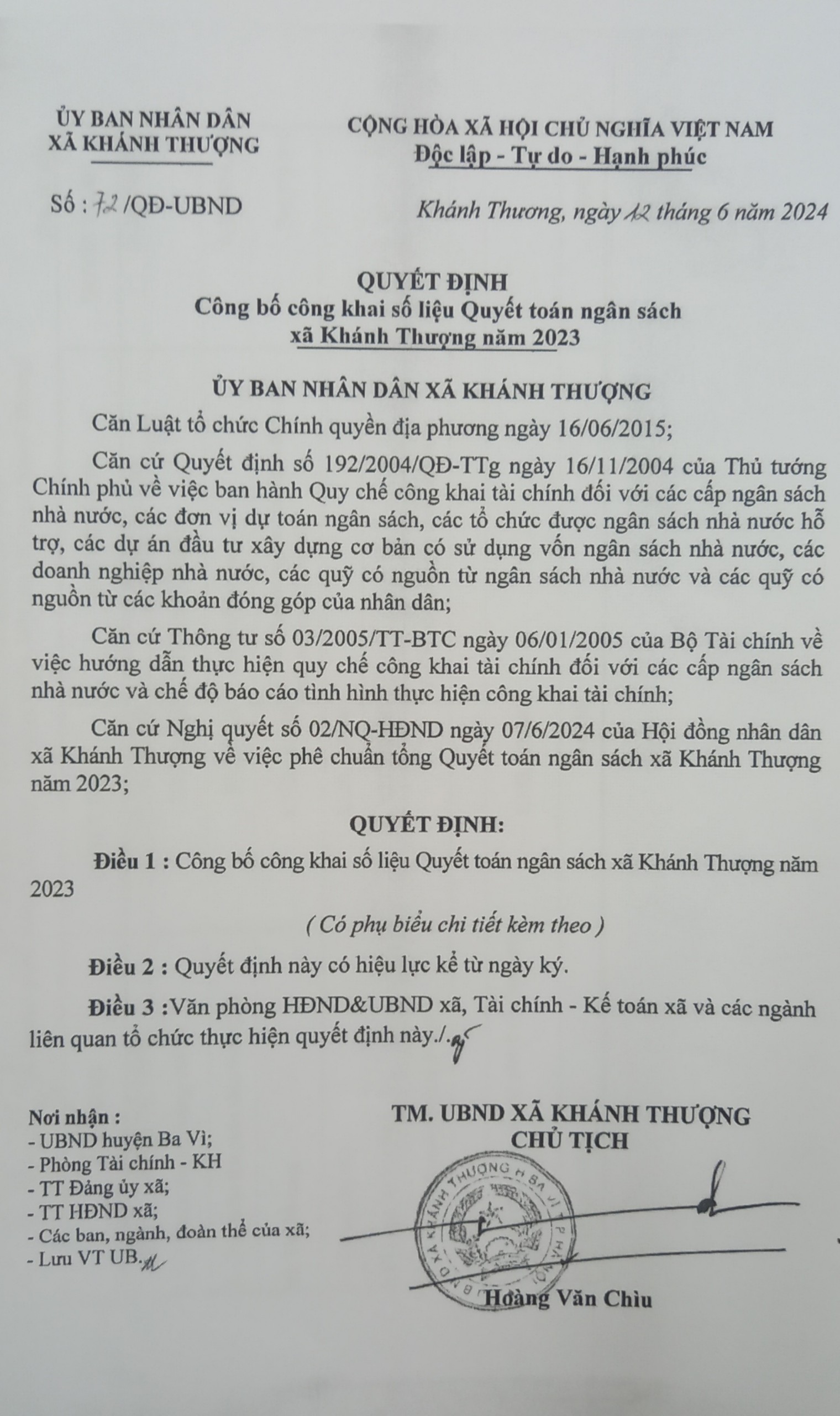 Công bố công khai số liệu Quyết toán ngân sách xã Khánh Thượng năm 2023