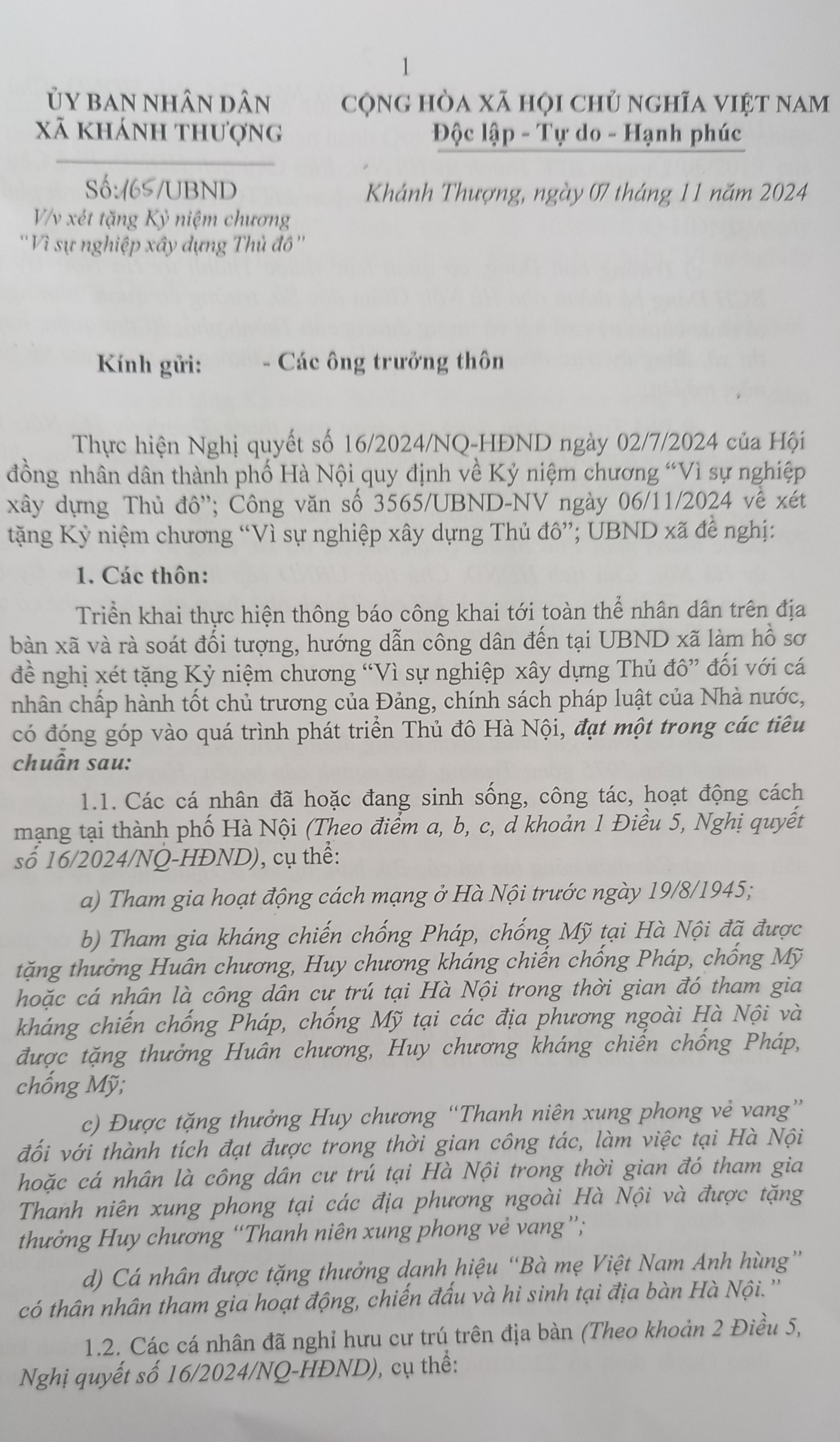 Công văn số 615/UBND ngày 7/11/2024 của UBND xã Khánh Thượng về xét tặng Kỷ niệm chương " Vì sự nghiệp xây dựng thủ đô"